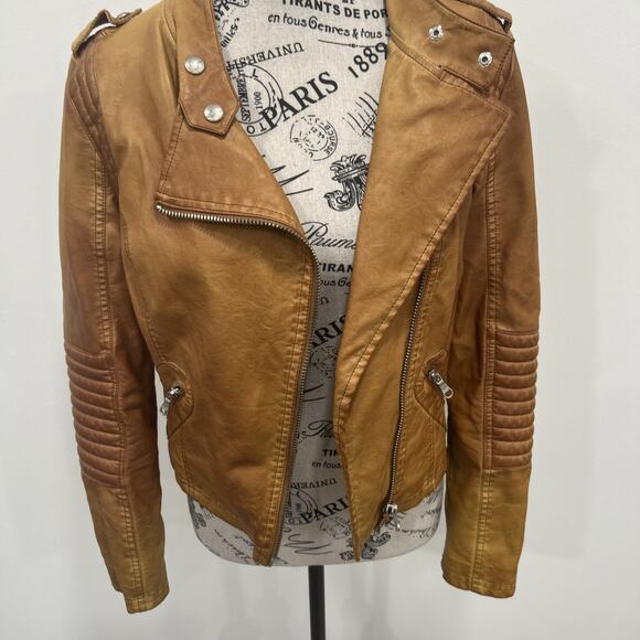 Black Swan Weathered Tan Faux Leather Zip Moto Jacket Urban Casual Grunge Sz M - Picture 2 of 7